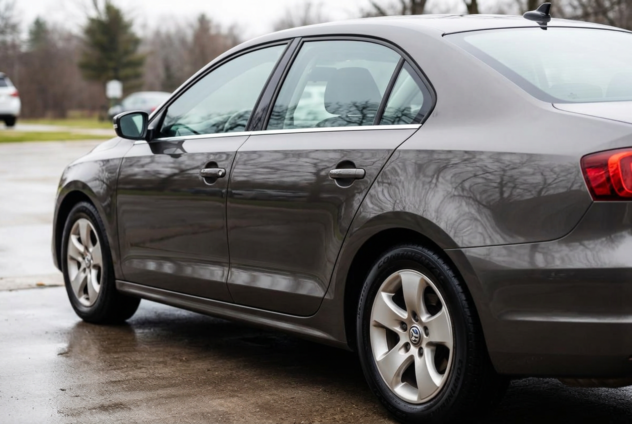 A dark sedan with a freshly detailed gloss finish in a studio