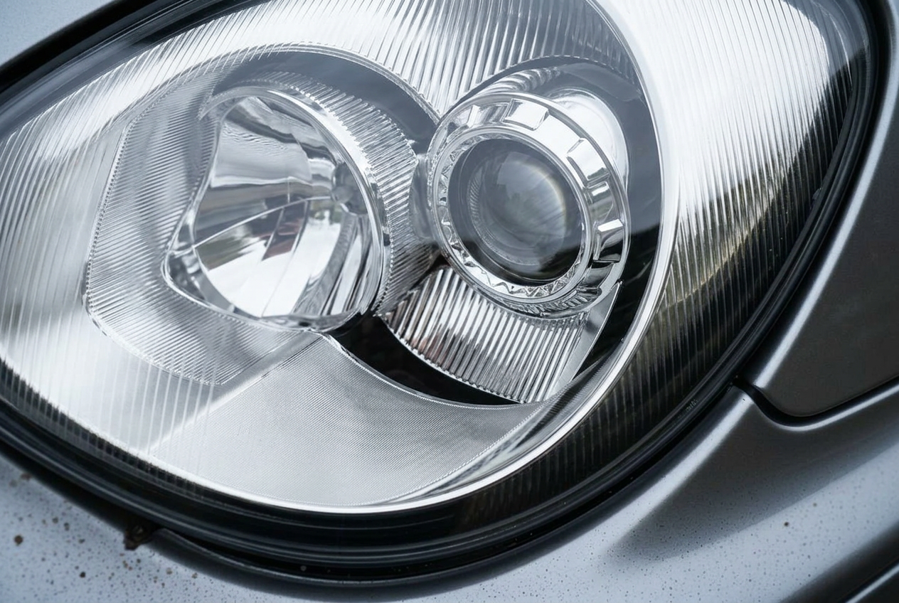 Close-up of a restored, clear headlight lens
