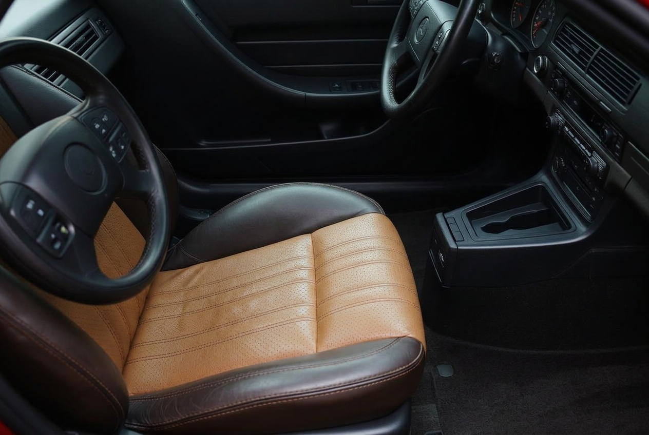 Clean vehicle interior with black leather seats