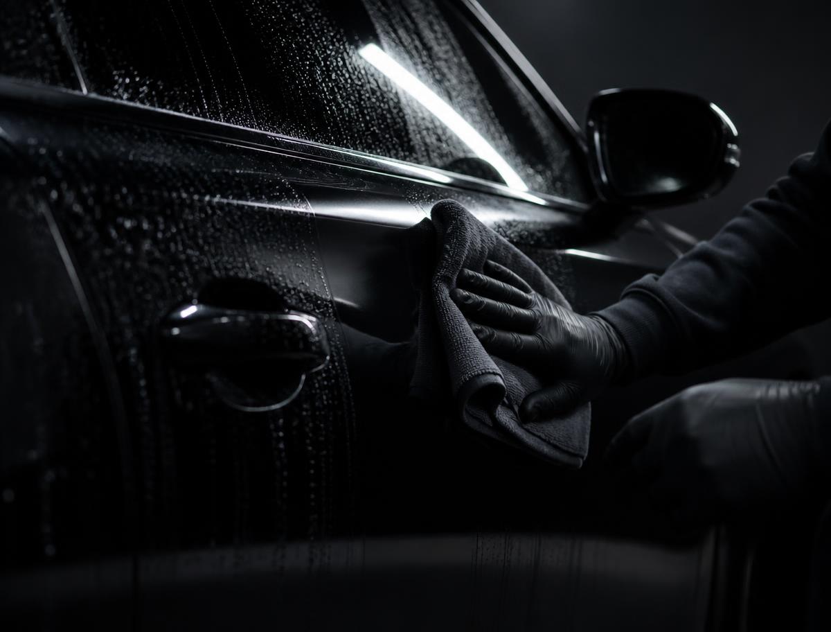 Gloved hand wiping a freshly washed black sedan with a microfiber towel