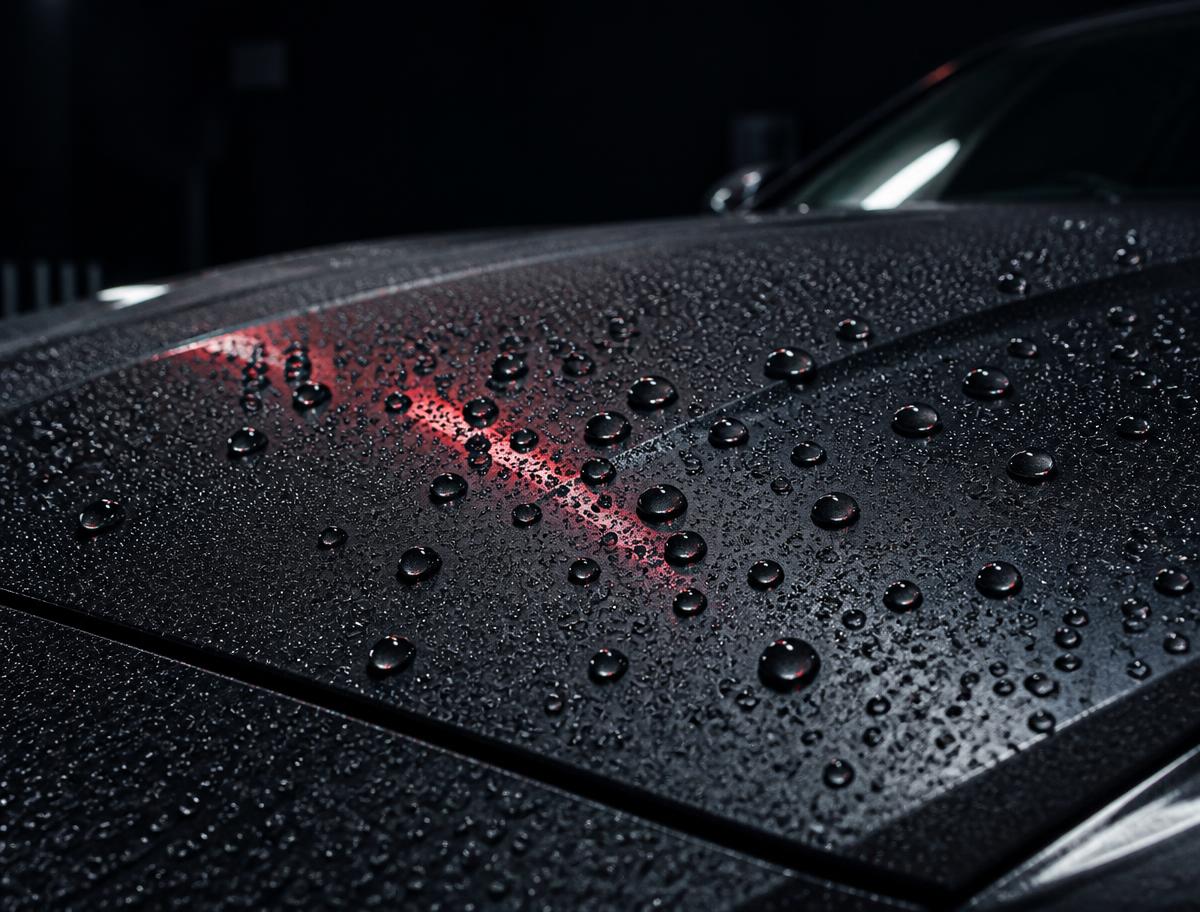 Tight water beading on a ceramic coated dark car hood